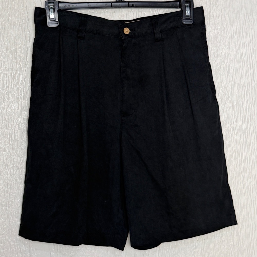 Jamaica Jaxx VTg Mens 32 Black 100% Silk Herringbone Pleated Shorts Tropical EUC